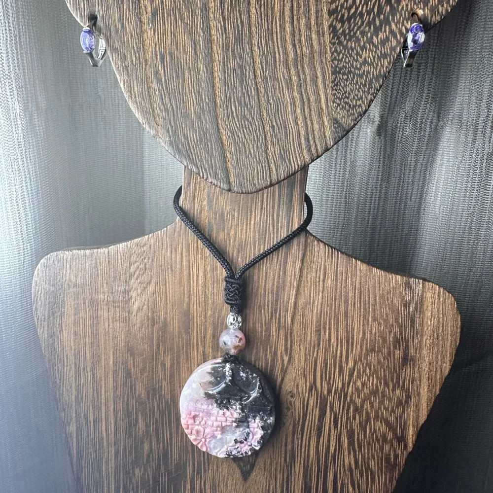 Icy Rhodonite Landscape and Flowers Pendant Necklace on Black Adjustable Rope - Picture 5 of 16